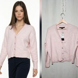 French Connection Pale Pink Crystal-Button V-Neck Cardigan